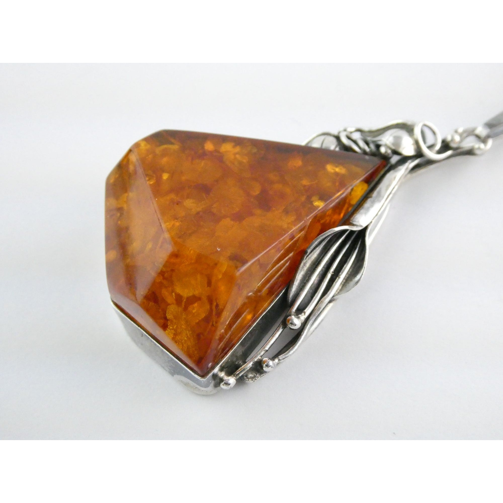 Polish Sterling Silver Baltic Amber Faceted Cabochon Pendant Necklace with Beads