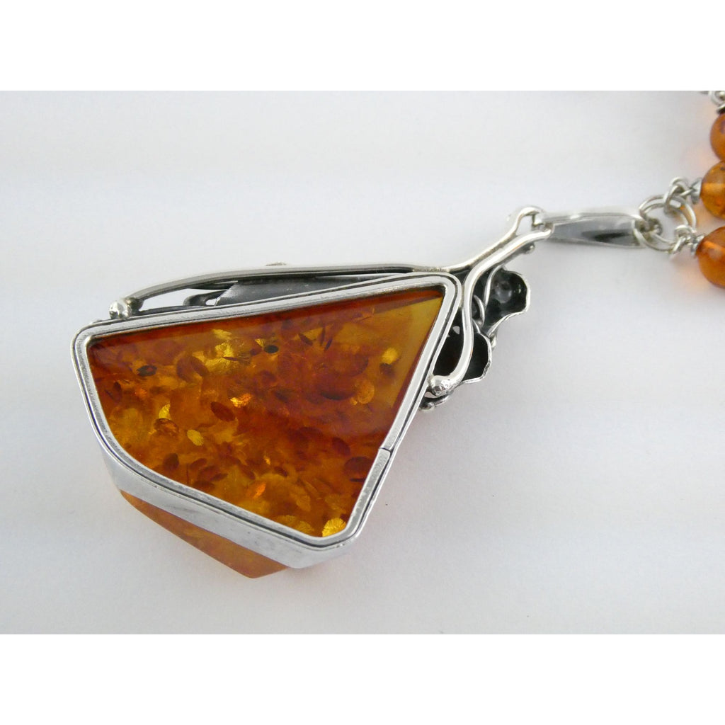 Polish Sterling Silver Baltic Amber Faceted Cabochon Pendant Necklace with Beads