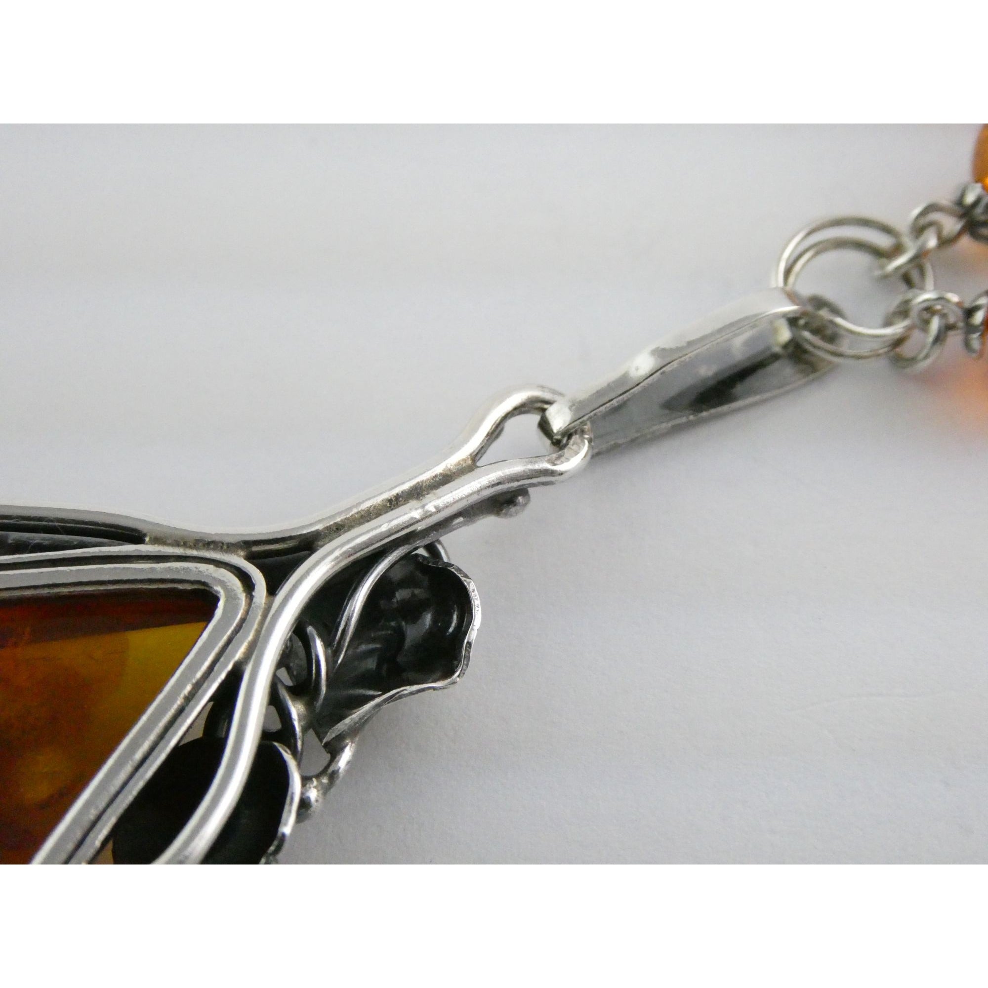Polish Sterling Silver Baltic Amber Faceted Cabochon Pendant Necklace with Beads