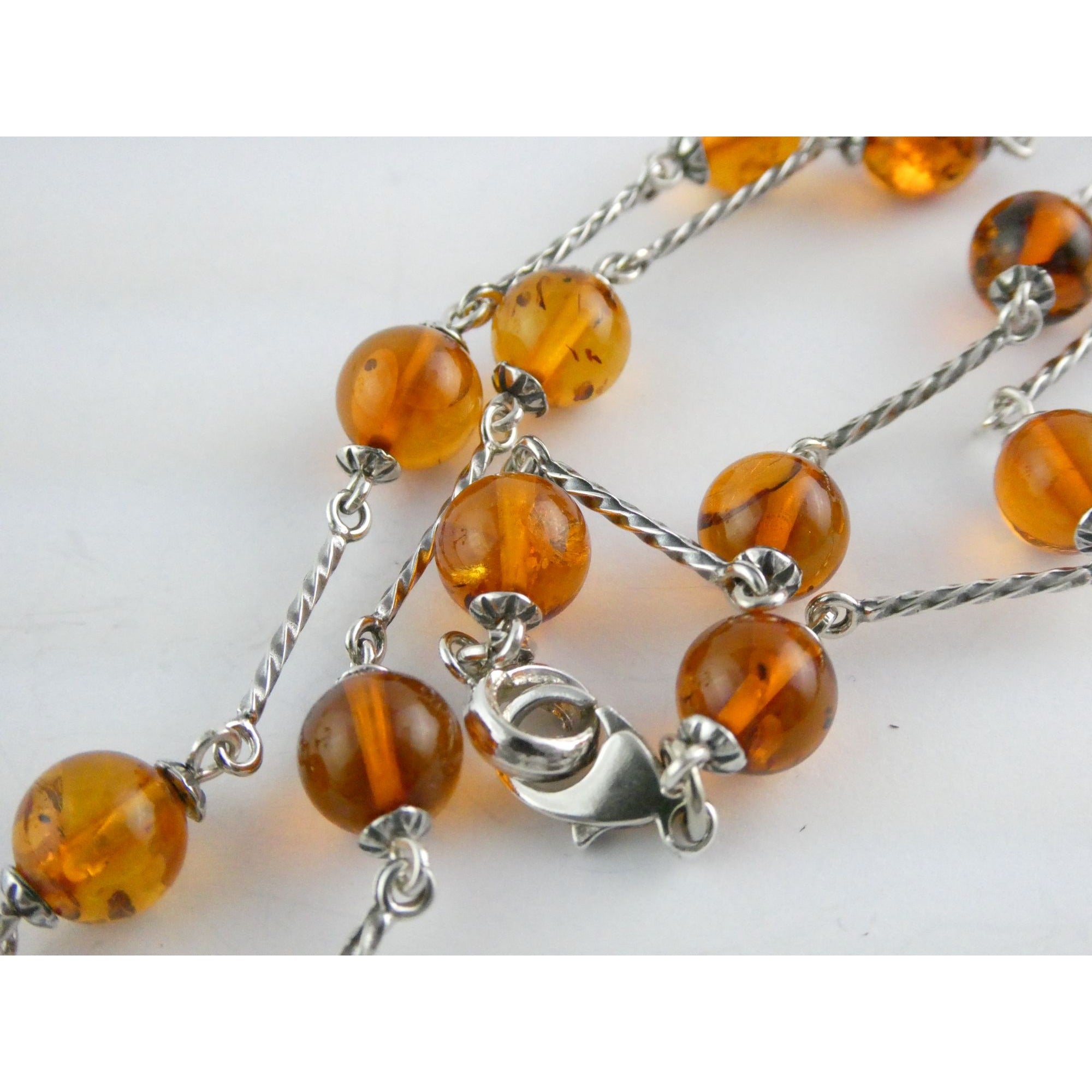 Polish Sterling Silver Baltic Amber Faceted Cabochon Pendant Necklace with Beads