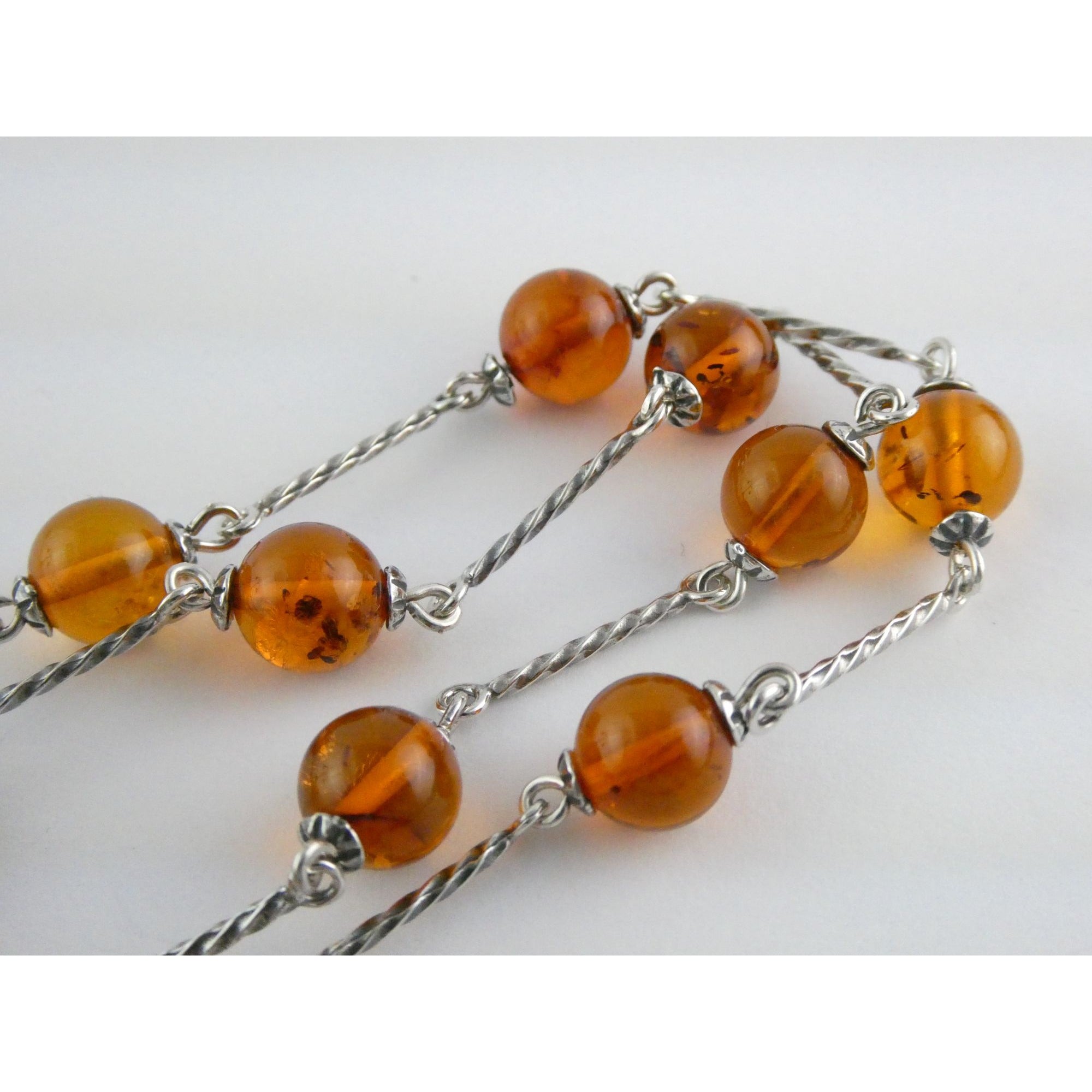 Polish Sterling Silver Baltic Amber Faceted Cabochon Pendant Necklace with Beads