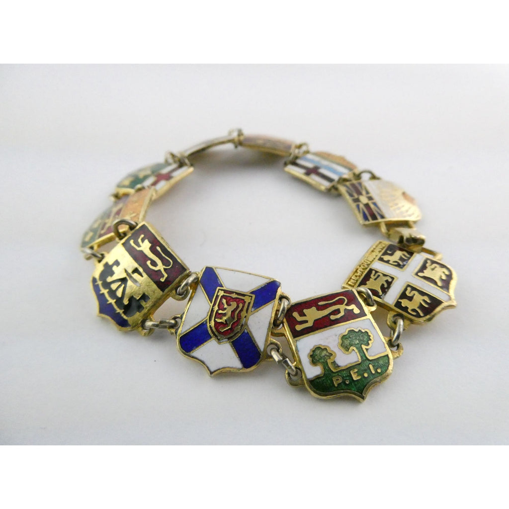 Vintage Canadian Provinces Enamel Crests Bracelet 7.5 Inches Canada Souvenir