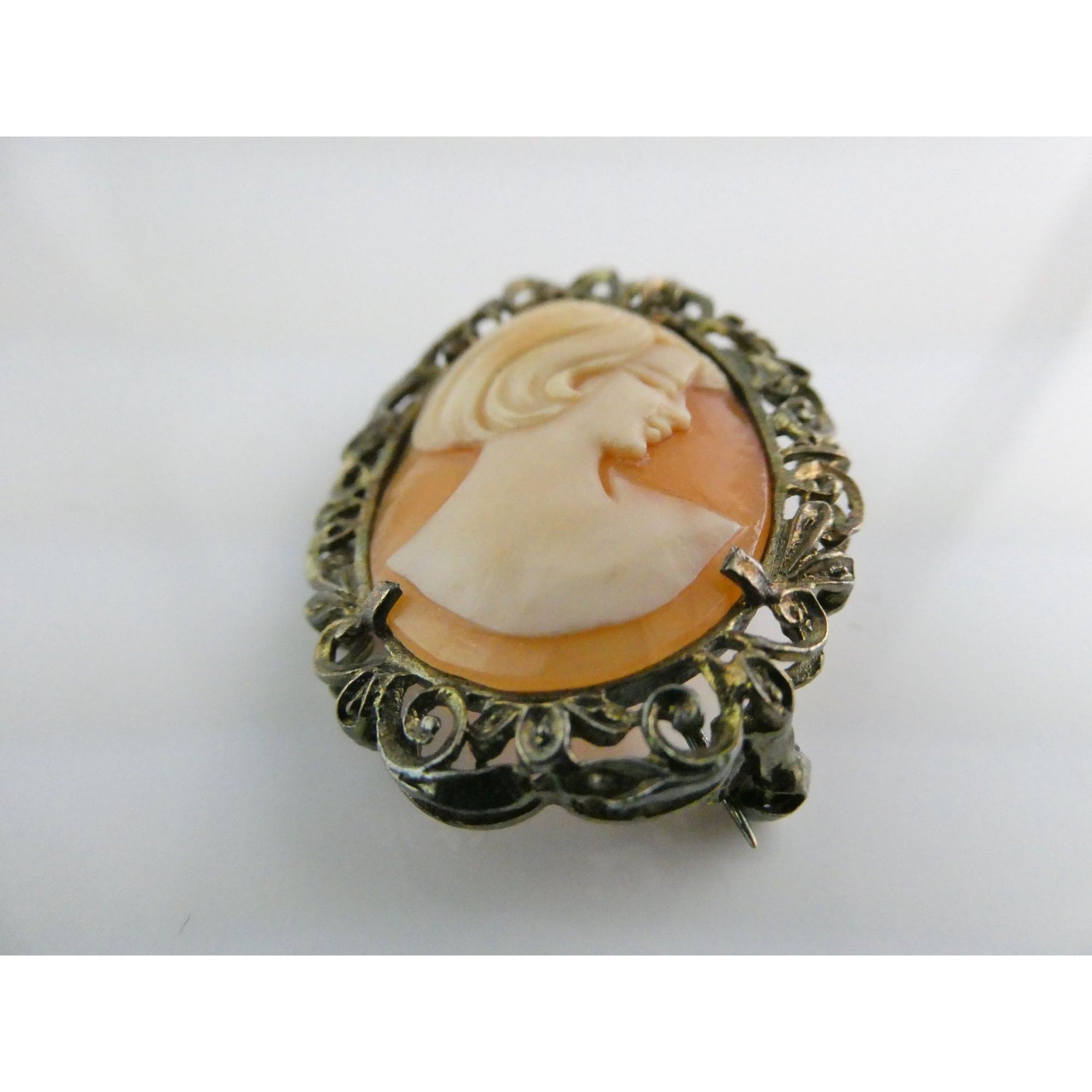 Vintage Gilt Italian 800 Silver Carved Cameo Modern Woman Pin Pendant 5g 35mm