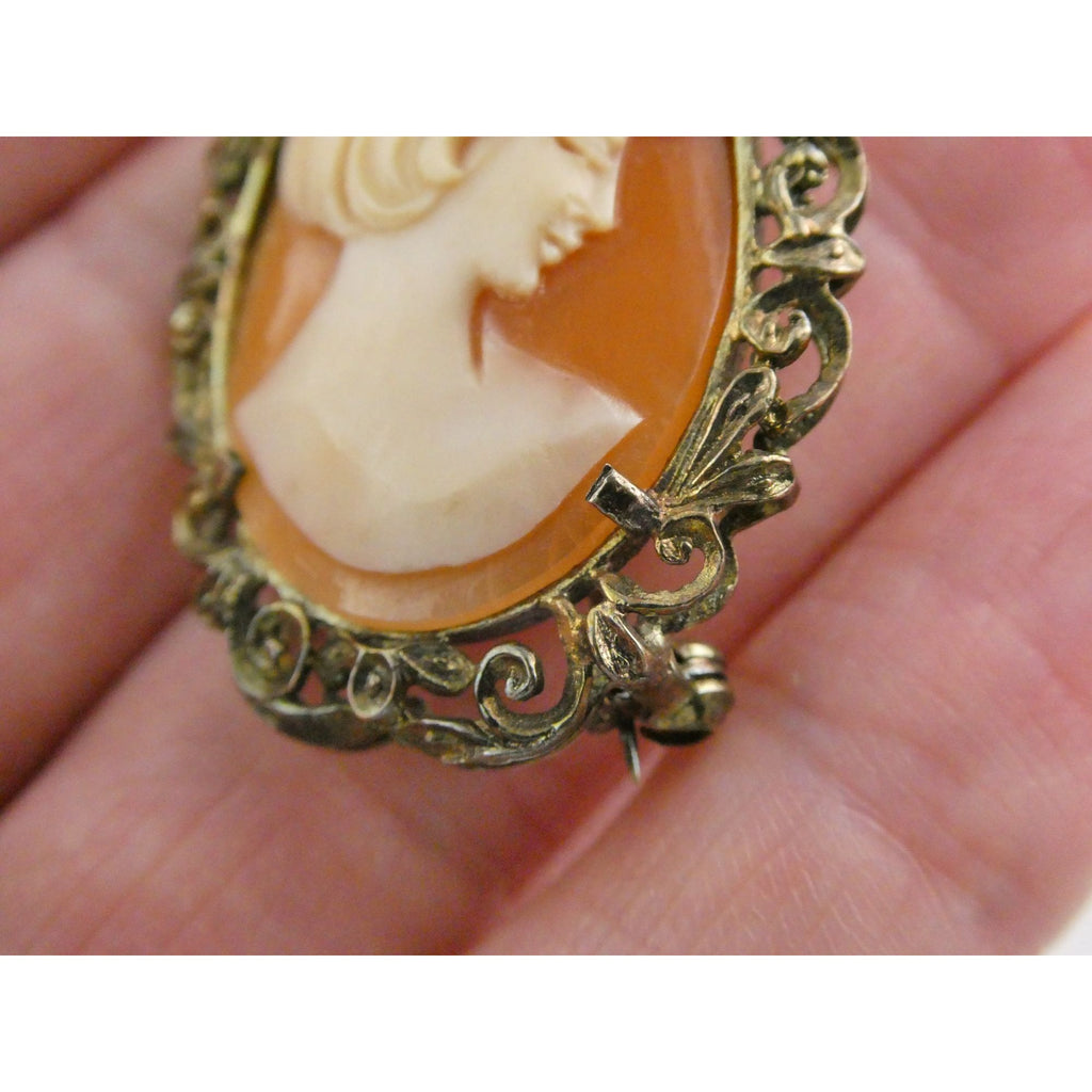 Vintage Gilt Italian 800 Silver Carved Cameo Modern Woman Pin Pendant 5g 35mm