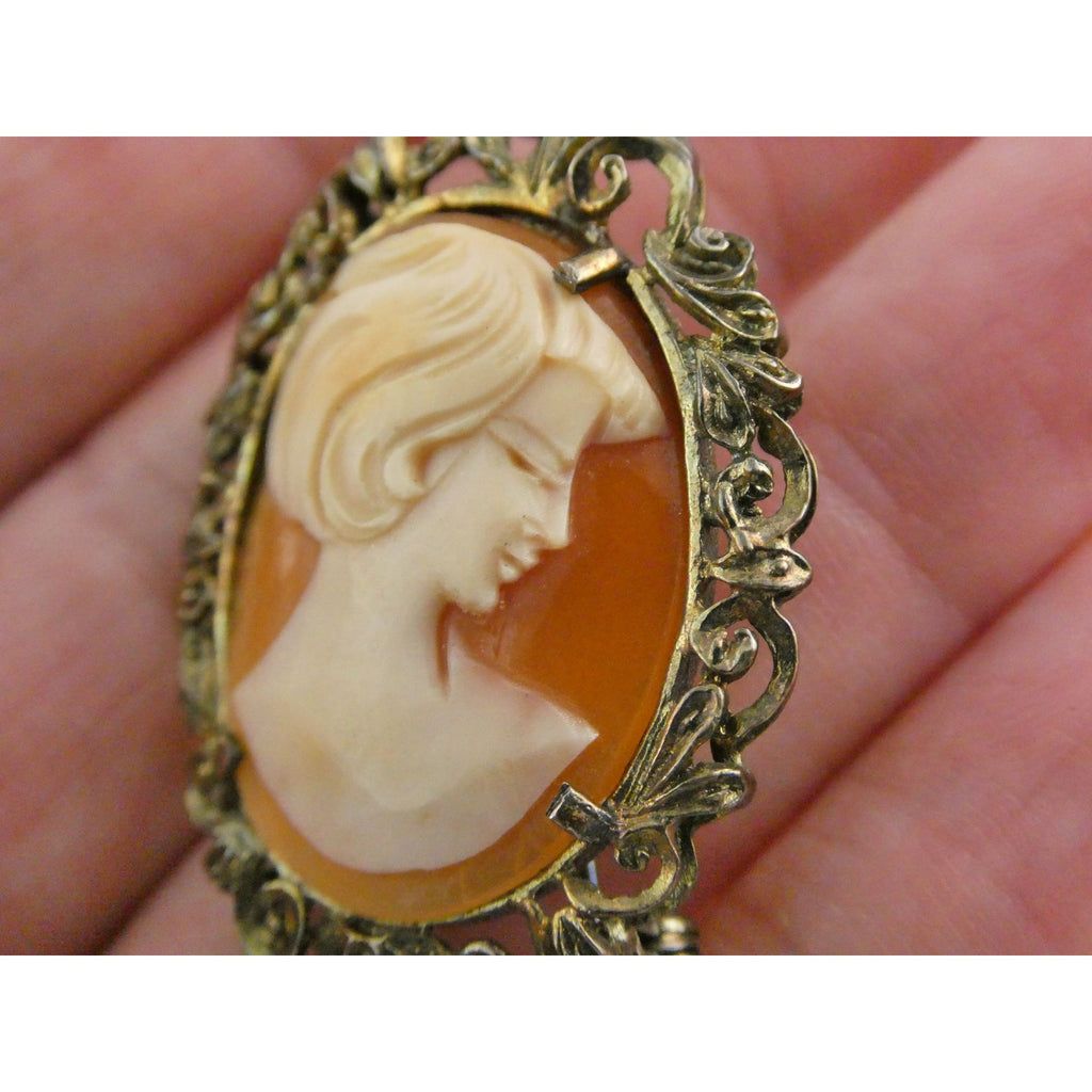 Vintage Gilt Italian 800 Silver Carved Cameo Modern Woman Pin Pendant 5g 35mm