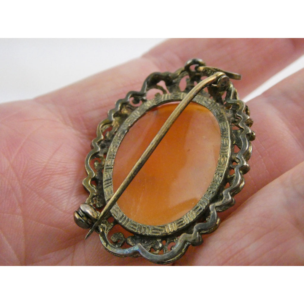 Vintage Gilt Italian 800 Silver Carved Cameo Modern Woman Pin Pendant 5g 35mm
