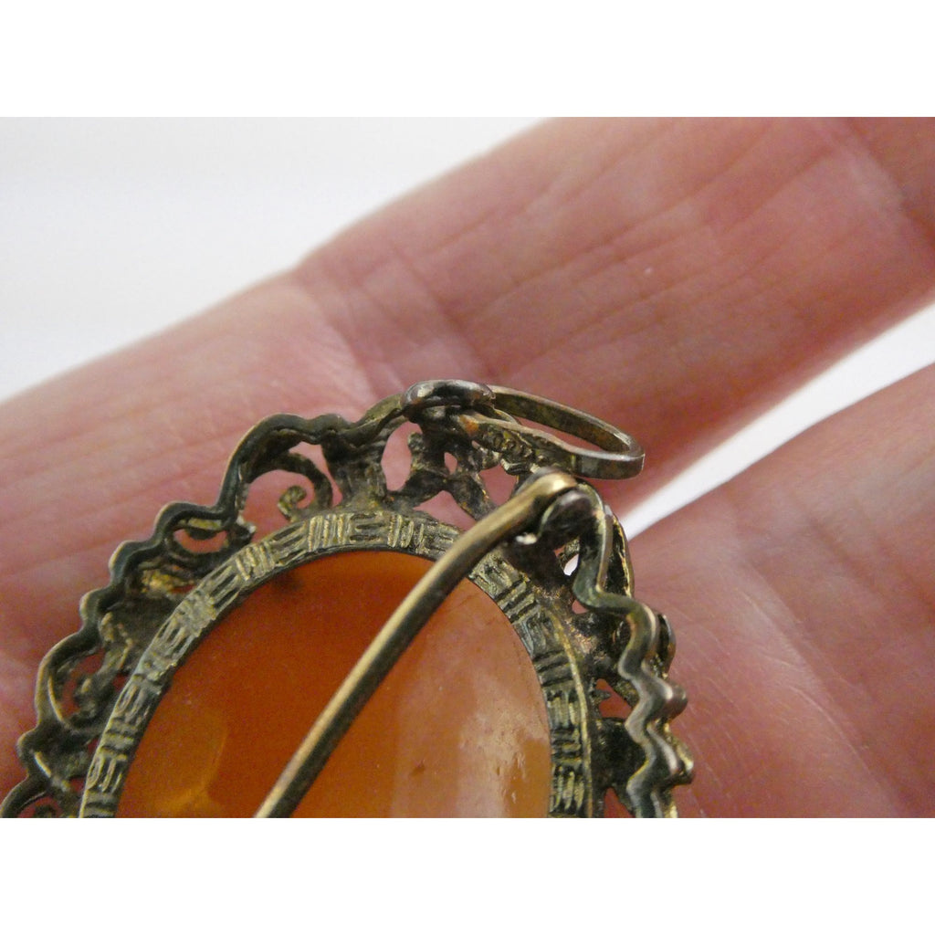 Vintage Gilt Italian 800 Silver Carved Cameo Modern Woman Pin Pendant 5g 35mm