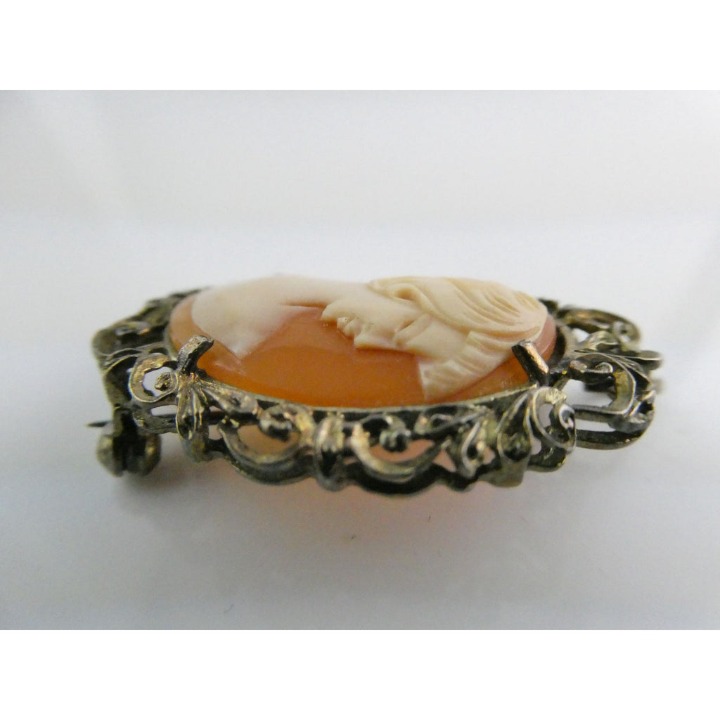 Vintage Gilt Italian 800 Silver Carved Cameo Modern Woman Pin Pendant 5g 35mm