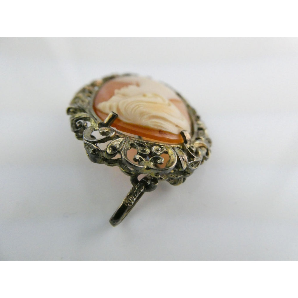 Vintage Gilt Italian 800 Silver Carved Cameo Modern Woman Pin Pendant 5g 35mm