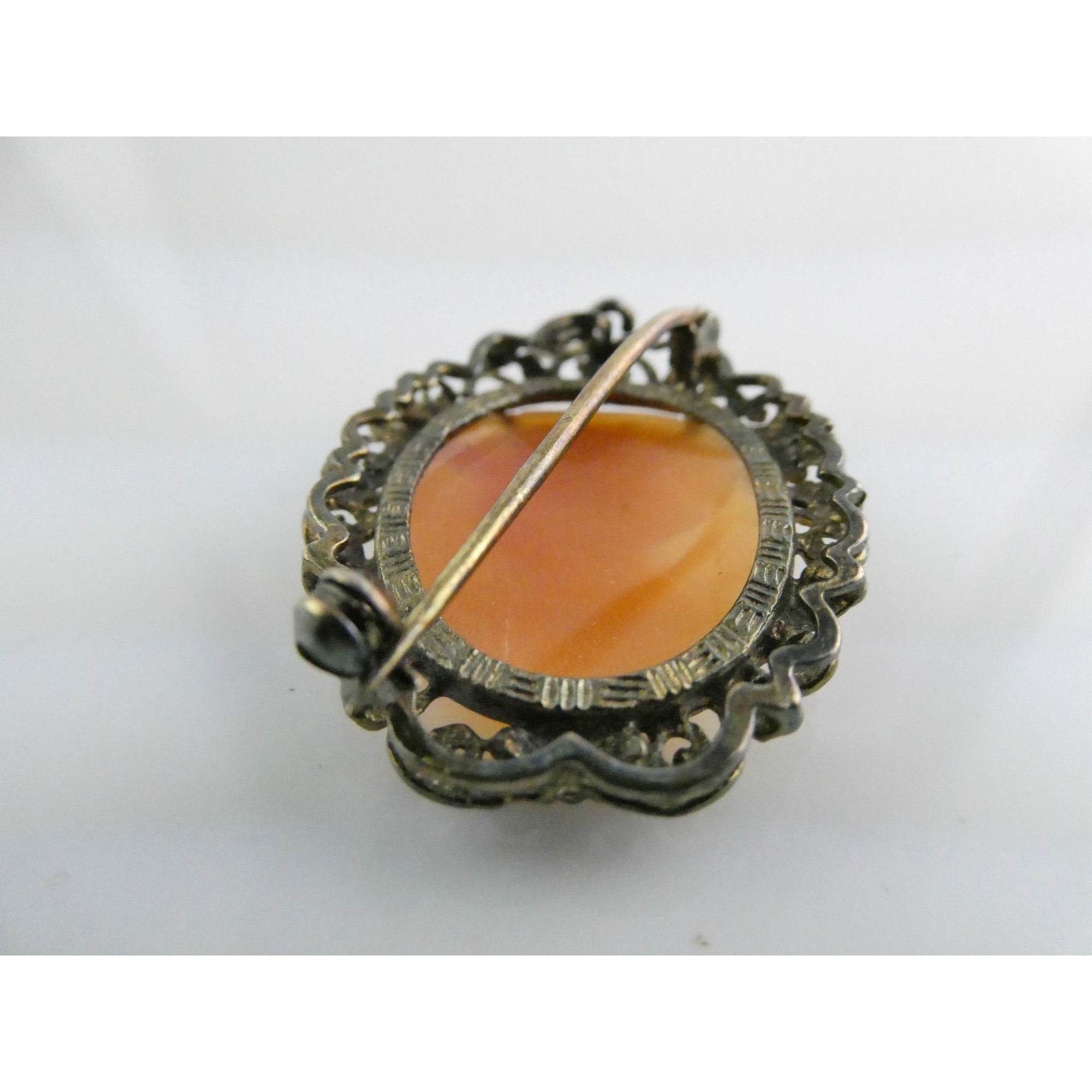 Vintage Gilt Italian 800 Silver Carved Cameo Modern Woman Pin Pendant 5g 35mm