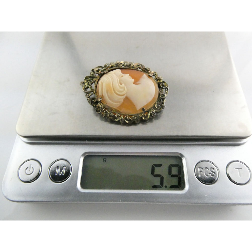 Vintage Gilt Italian 800 Silver Carved Cameo Modern Woman Pin Pendant 5g 35mm