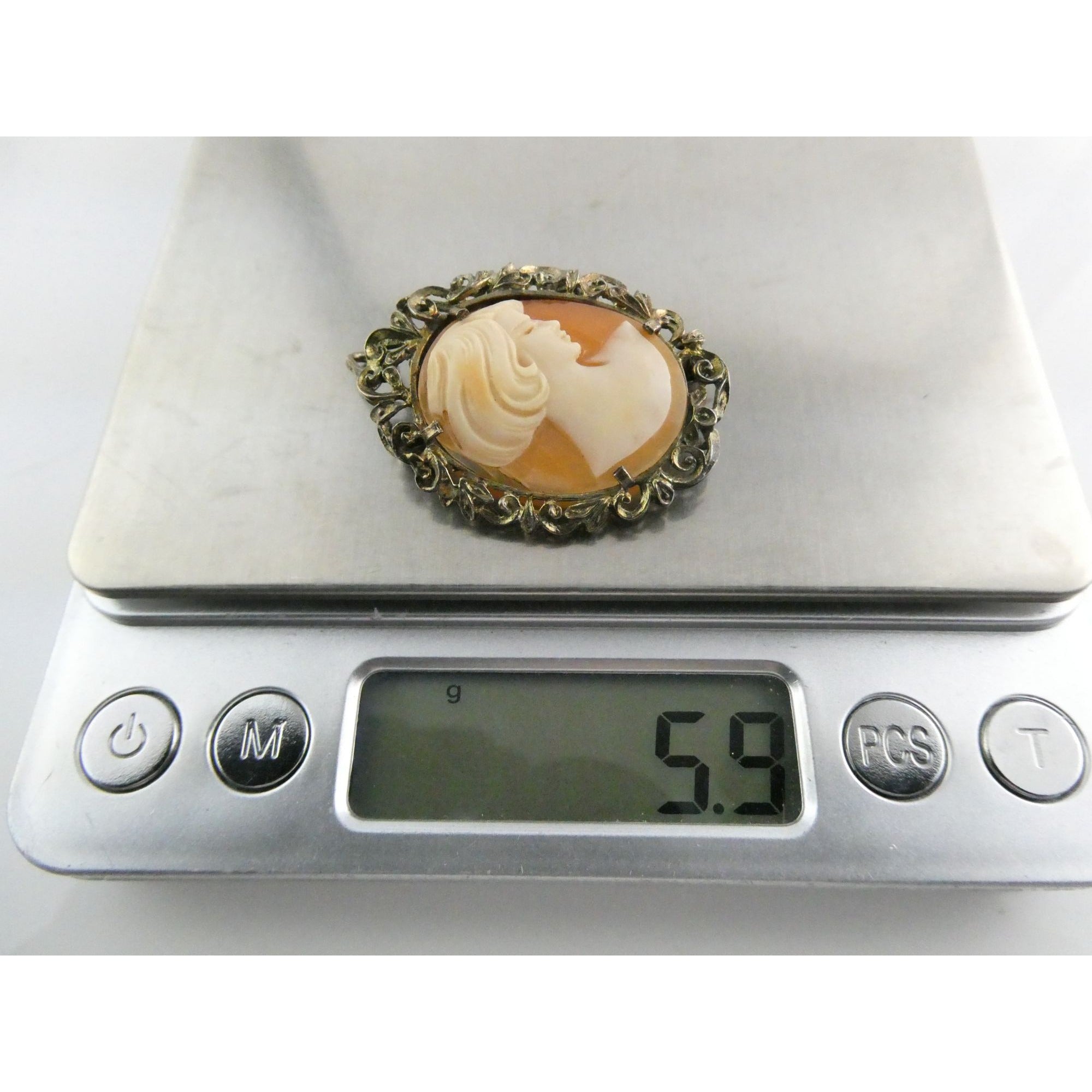 Vintage Gilt Italian 800 Silver Carved Cameo Modern Woman Pin Pendant 5g 35mm
