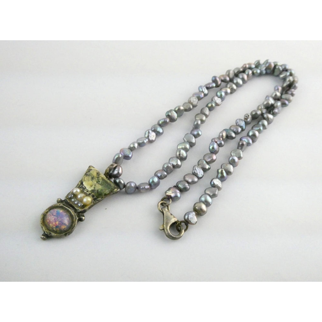 Sterling Silver Cultured Pearl Strand Roman Glass Pendant Necklace 19g 18 Inches