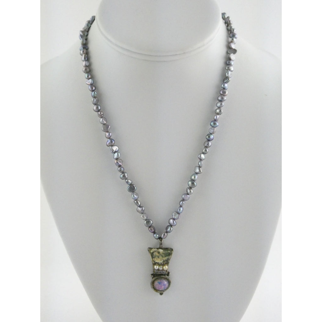 Sterling Silver Cultured Pearl Strand Roman Glass Pendant Necklace 19g 18 Inches