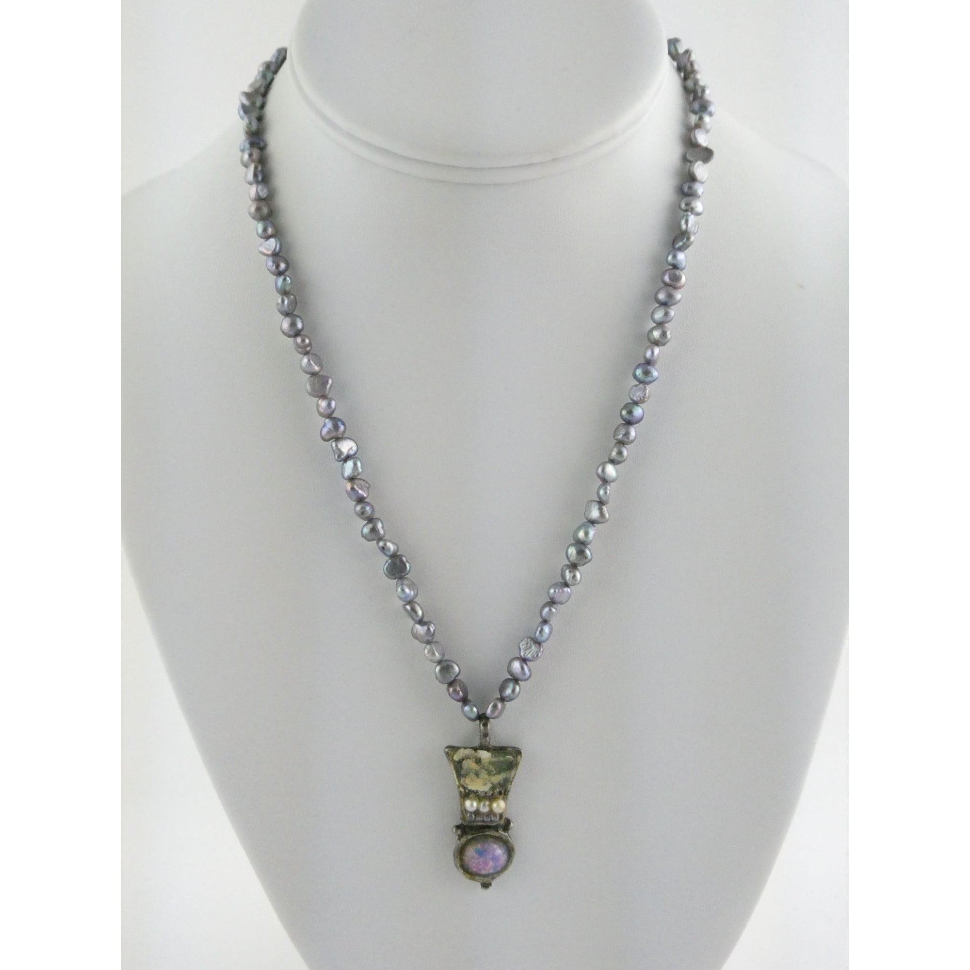 Sterling Silver Cultured Pearl Strand Roman Glass Pendant Necklace 19g 18 Inches