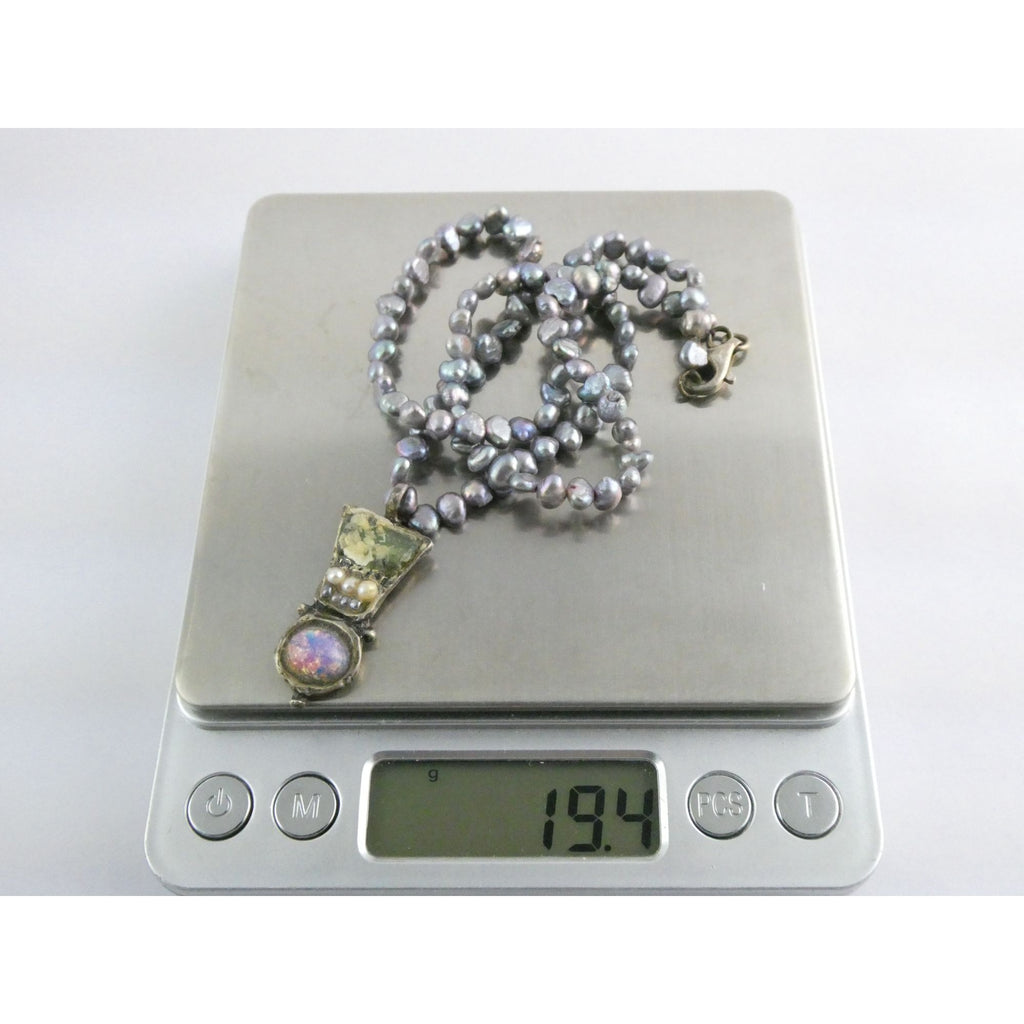 Sterling Silver Cultured Pearl Strand Roman Glass Pendant Necklace 19g 18 Inches