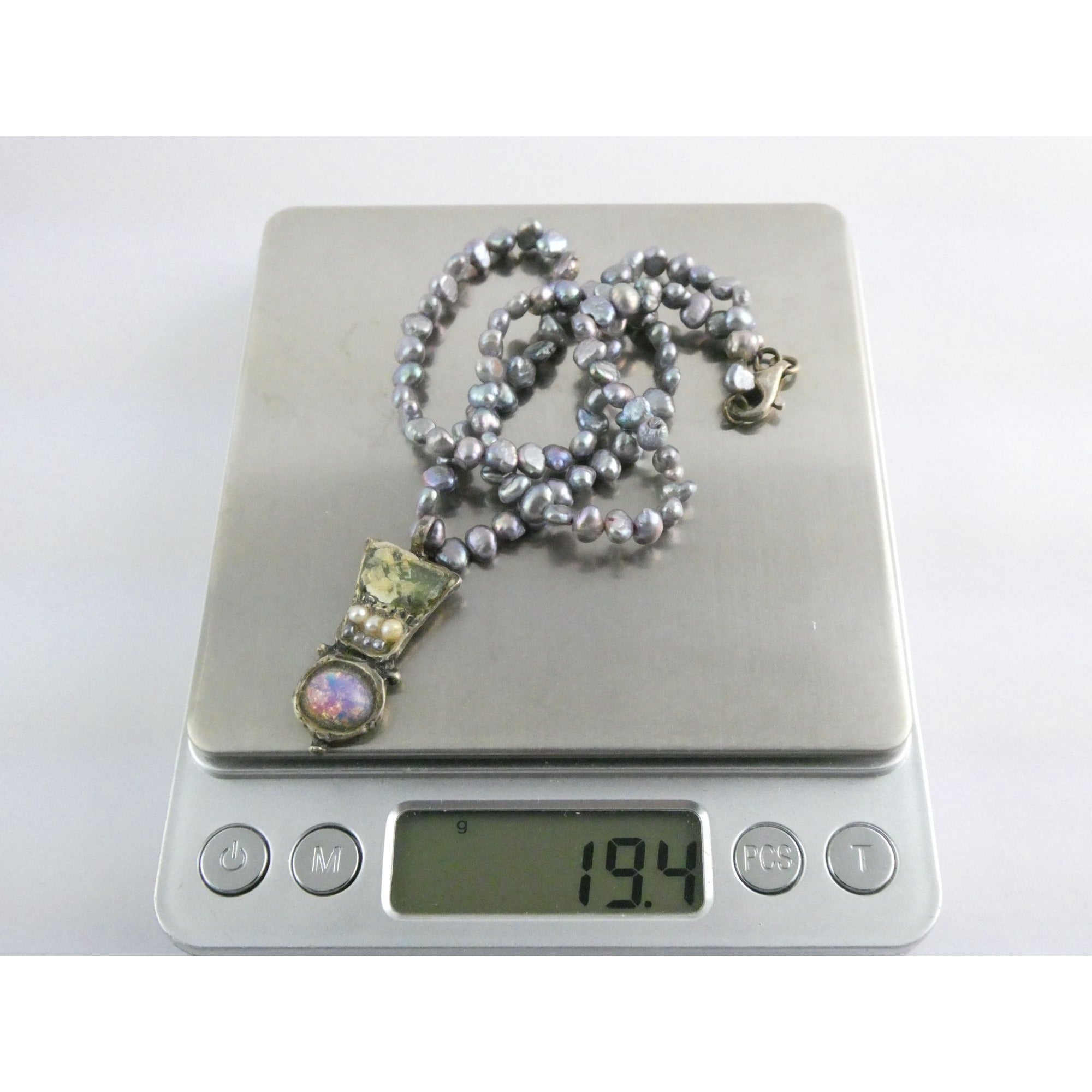Sterling Silver Cultured Pearl Strand Roman Glass Pendant Necklace 19g 18 Inches
