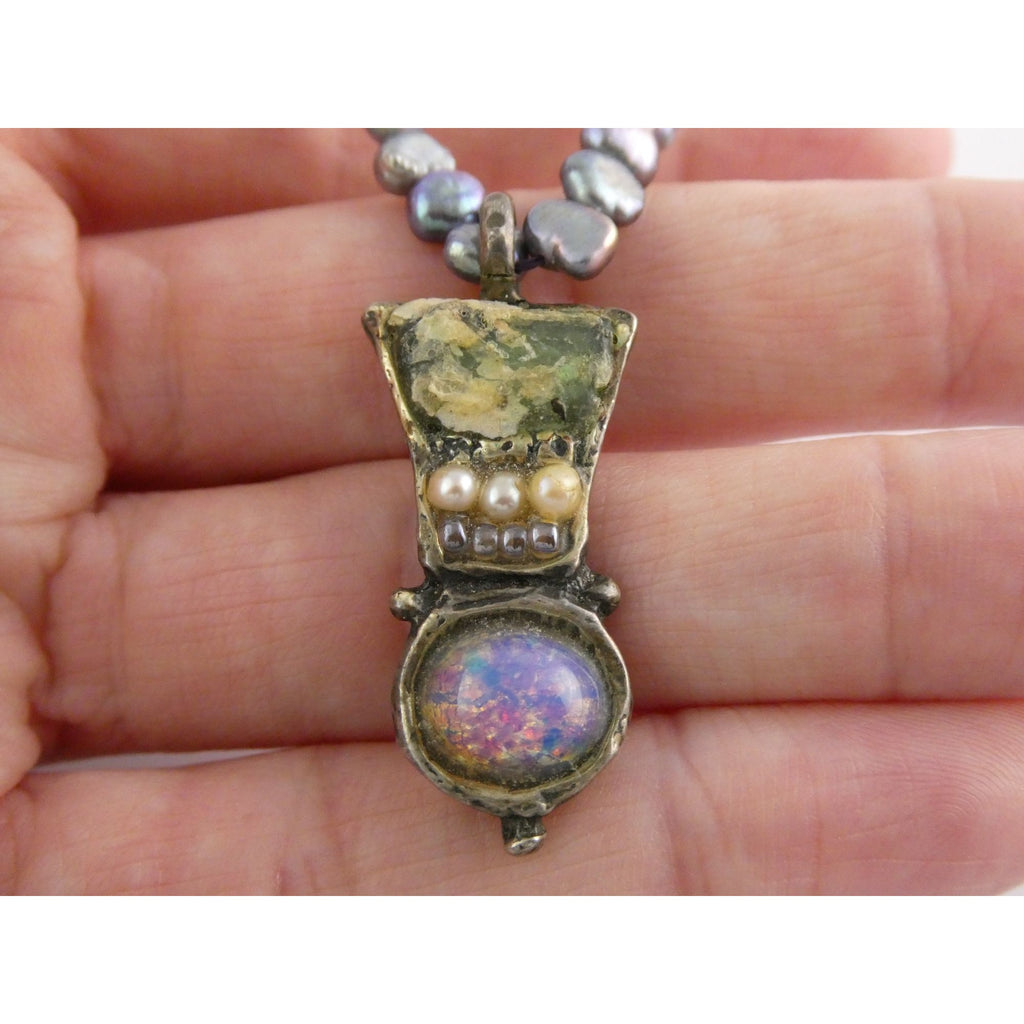 Sterling Silver Cultured Pearl Strand Roman Glass Pendant Necklace 19g 18 Inches