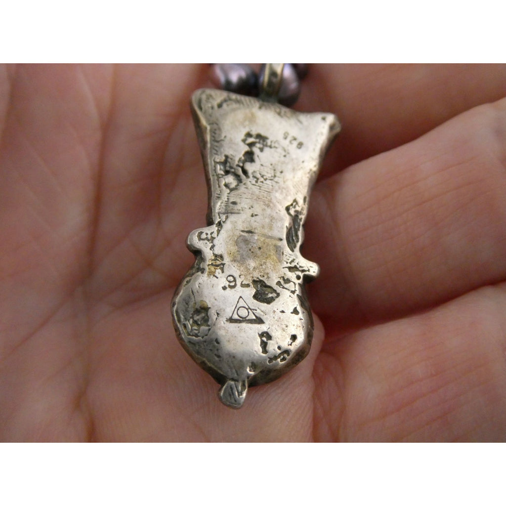 Sterling Silver Cultured Pearl Strand Roman Glass Pendant Necklace 19g 18 Inches