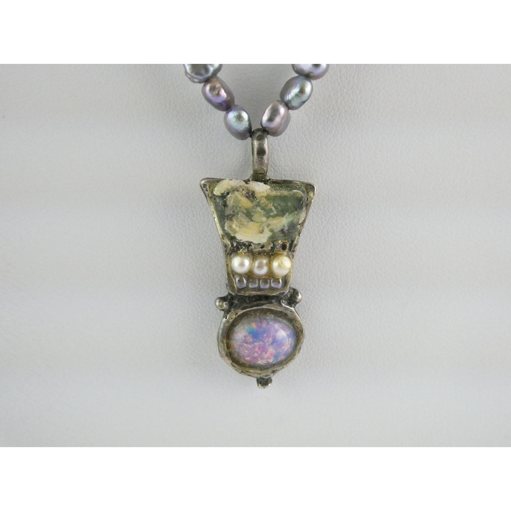 Sterling Silver Cultured Pearl Strand Roman Glass Pendant Necklace 19g 18 Inches