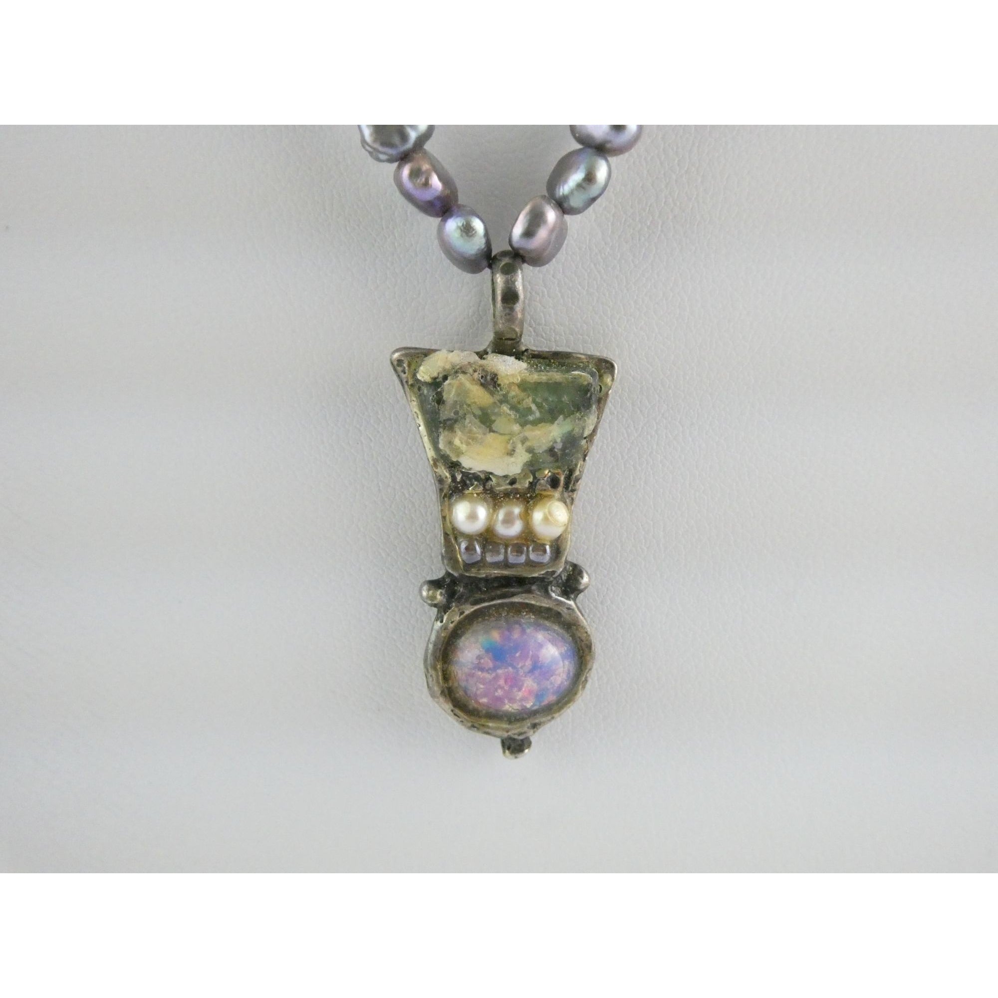 Sterling Silver Cultured Pearl Strand Roman Glass Pendant Necklace 19g 18 Inches