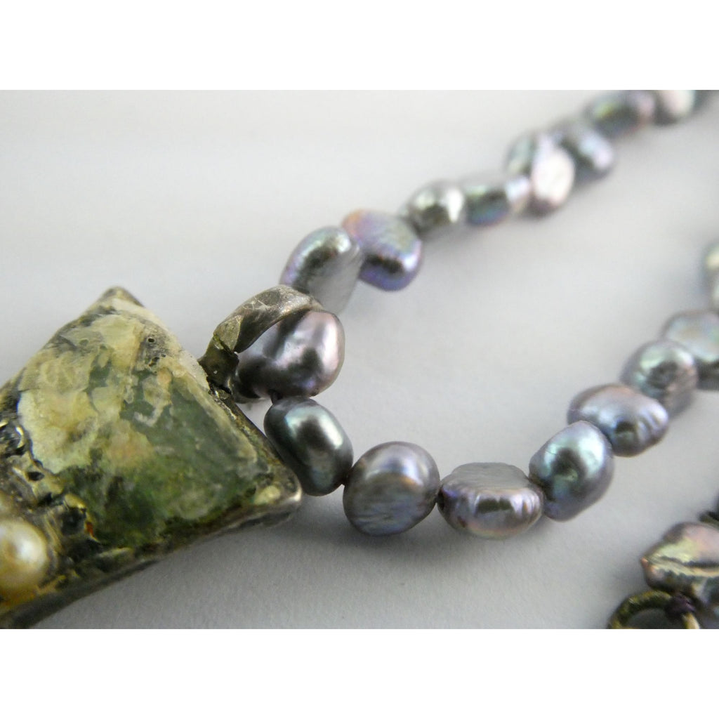 Sterling Silver Cultured Pearl Strand Roman Glass Pendant Necklace 19g 18 Inches