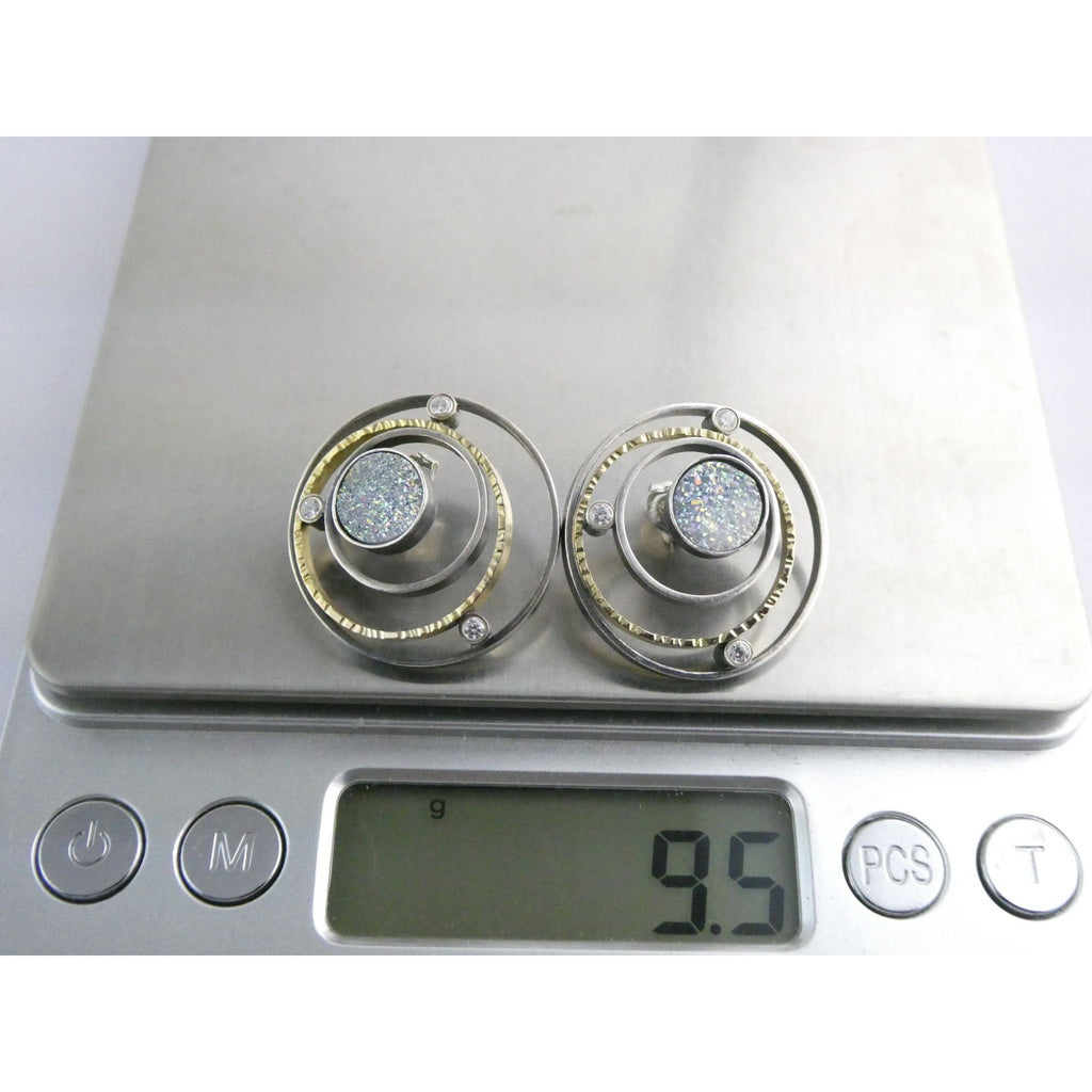 SF Artisan Sterling Silver and 14k Gold Druzy Planetary Theme Stud Earrings 24mm