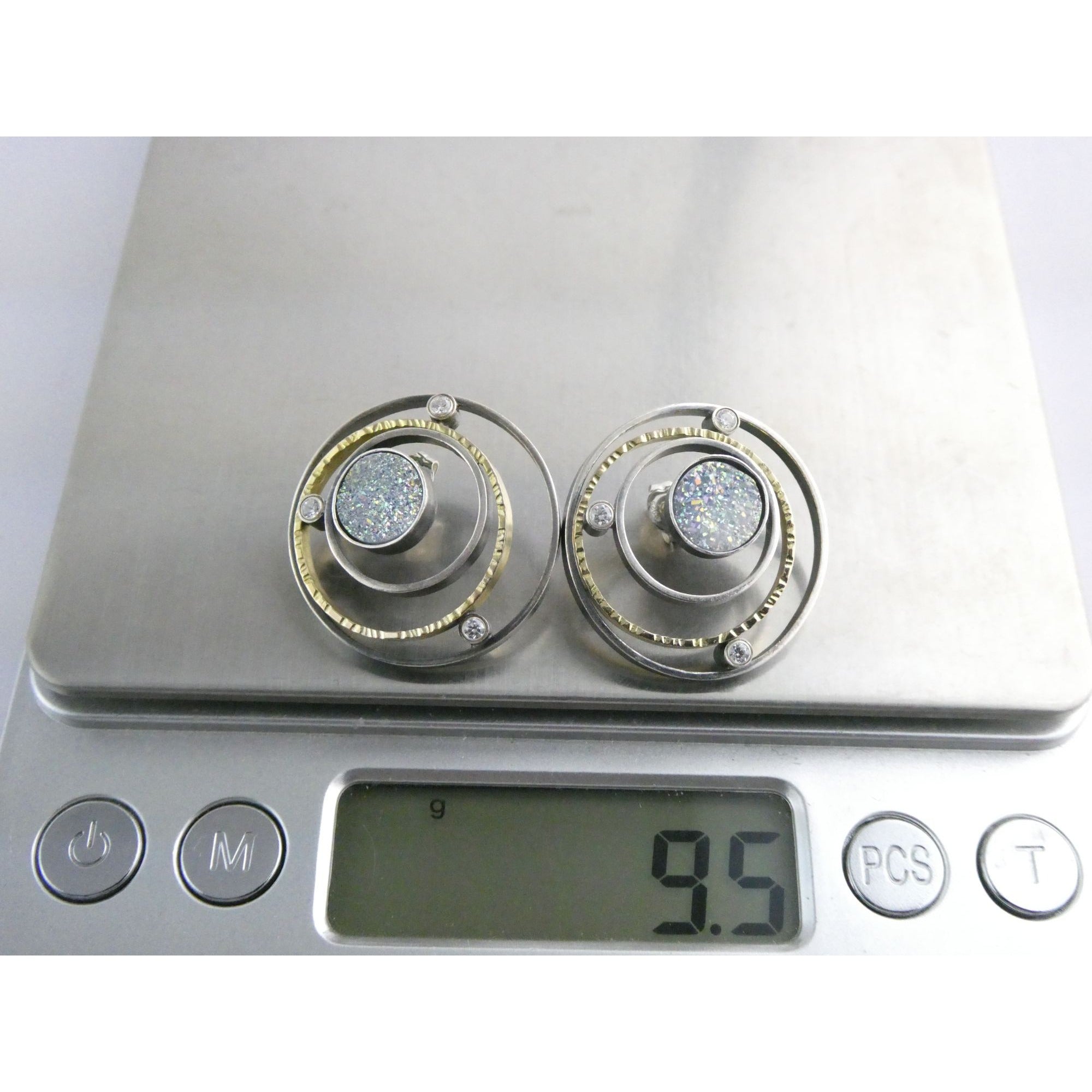 SF Artisan Sterling Silver and 14k Gold Druzy Planetary Theme Stud Earrings 24mm