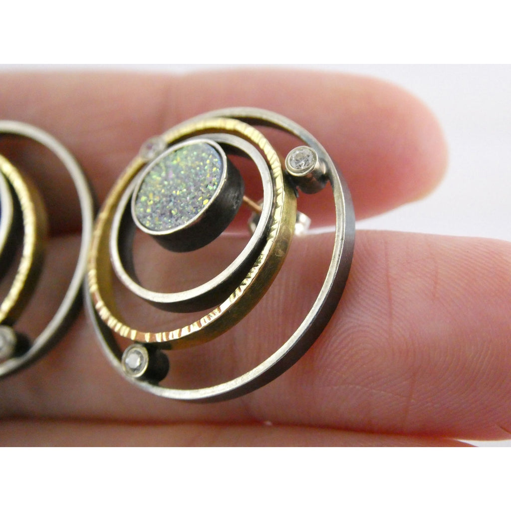 SF Artisan Sterling Silver and 14k Gold Druzy Planetary Theme Stud Earrings 24mm