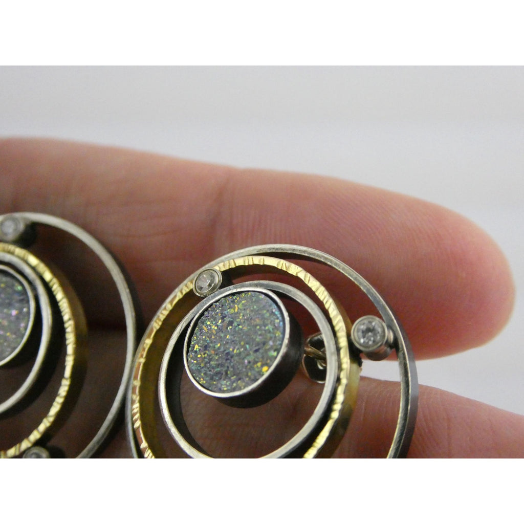 SF Artisan Sterling Silver and 14k Gold Druzy Planetary Theme Stud Earrings 24mm