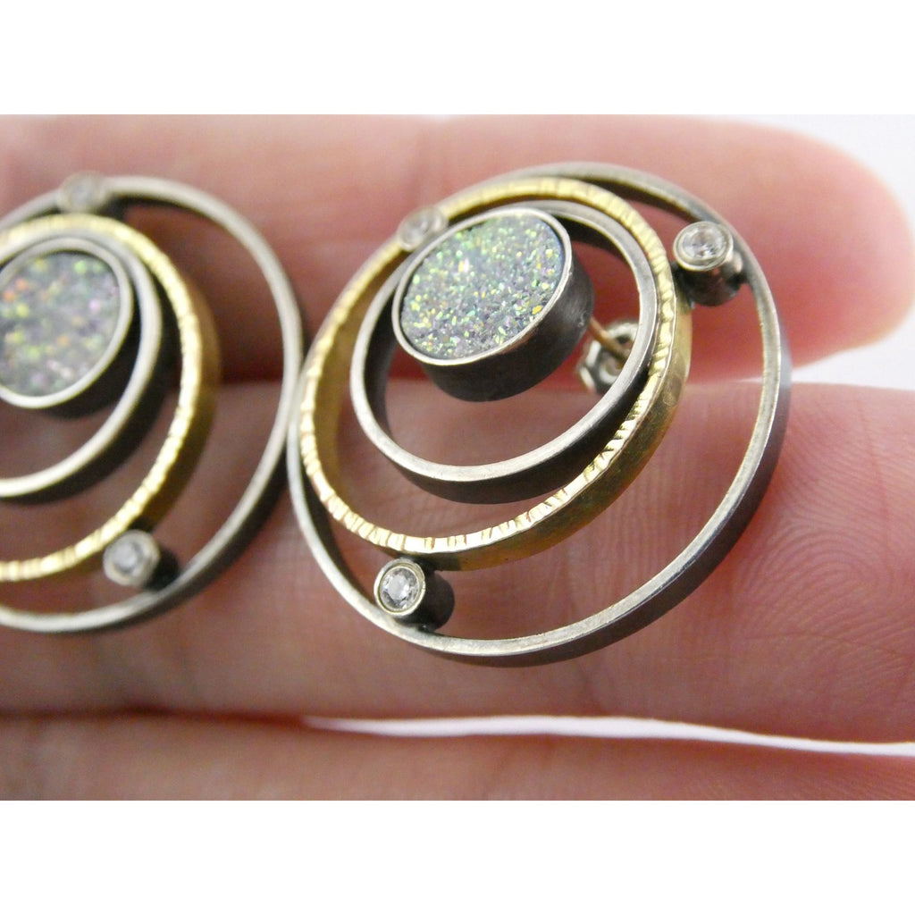 SF Artisan Sterling Silver and 14k Gold Druzy Planetary Theme Stud Earrings 24mm