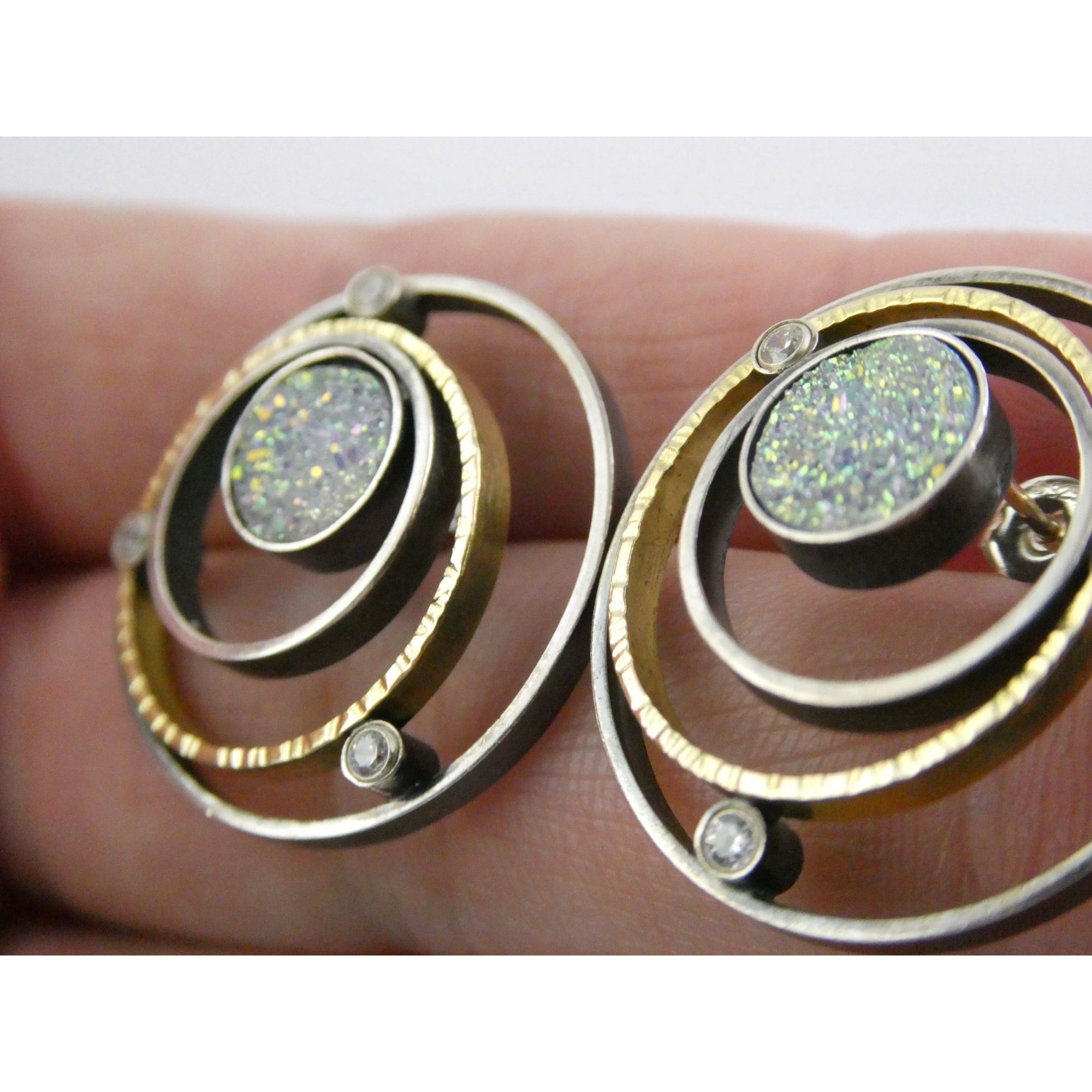 SF Artisan Sterling Silver and 14k Gold Druzy Planetary Theme Stud Earrings 24mm