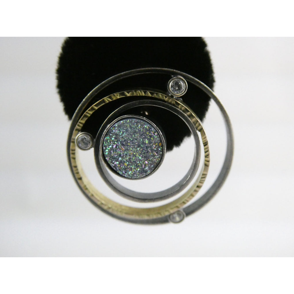 SF Artisan Sterling Silver and 14k Gold Druzy Planetary Theme Stud Earrings 24mm