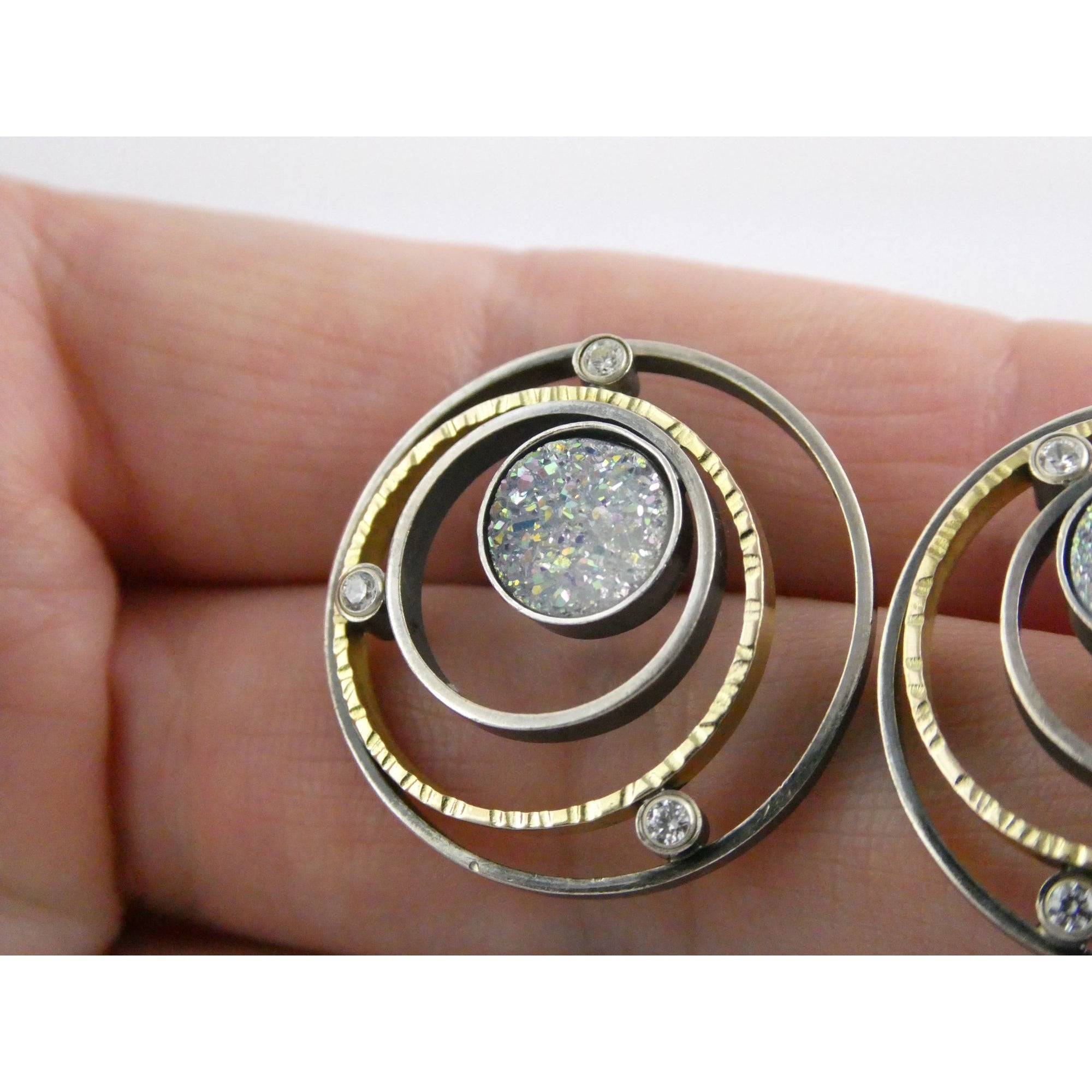 SF Artisan Sterling Silver and 14k Gold Druzy Planetary Theme Stud Earrings 24mm