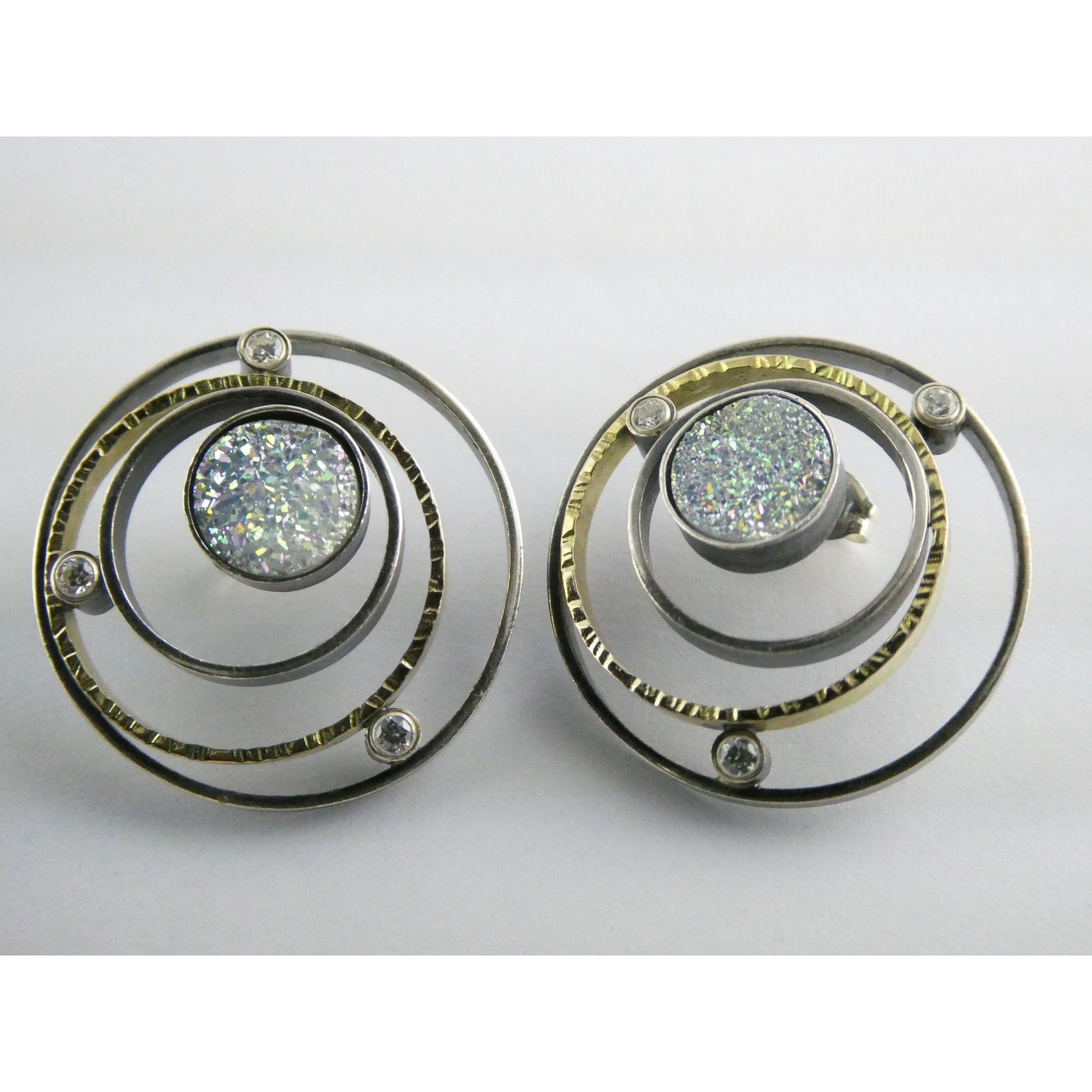 SF Artisan Sterling Silver and 14k Gold Druzy Planetary Theme Stud Earrings 24mm
