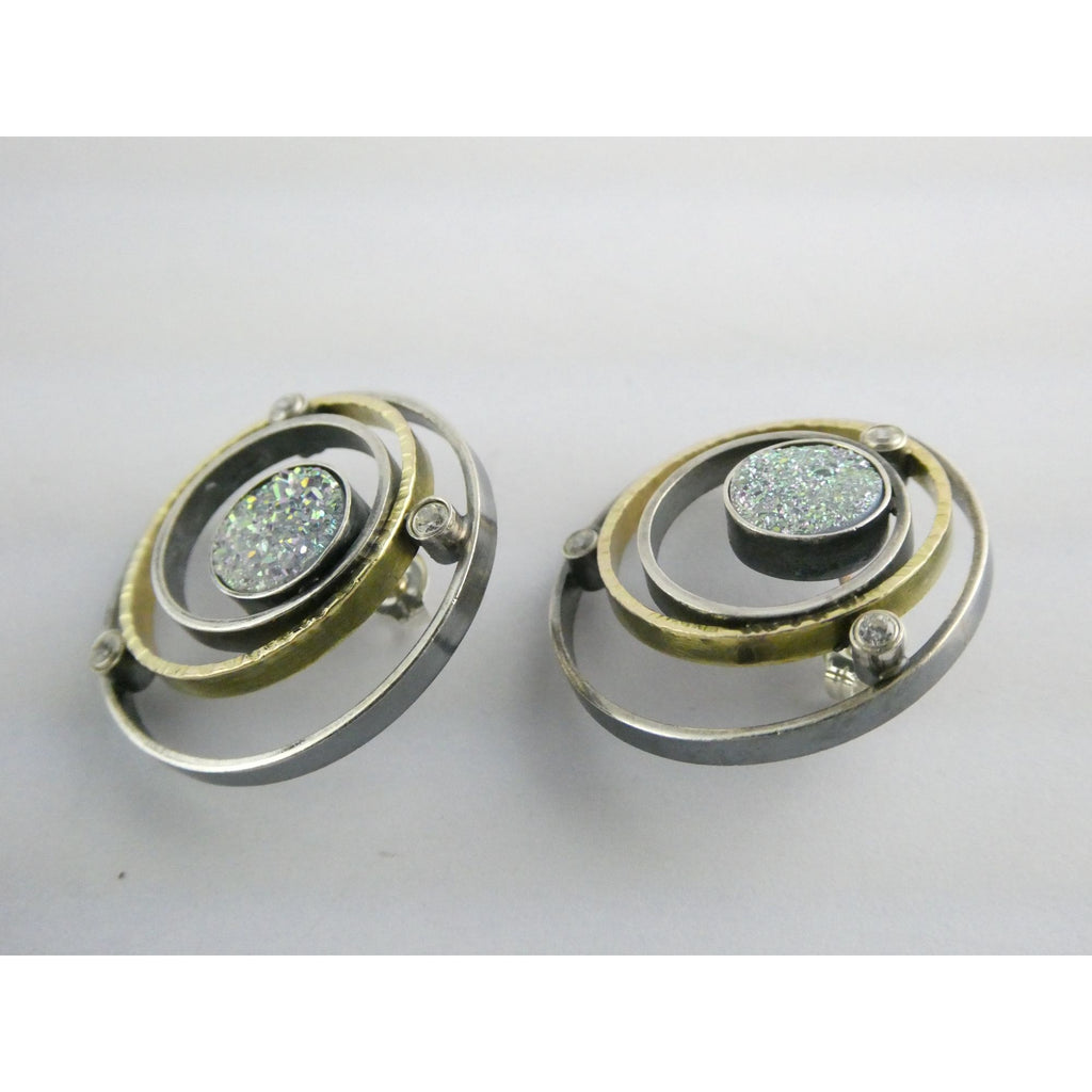 SF Artisan Sterling Silver and 14k Gold Druzy Planetary Theme Stud Earrings 24mm