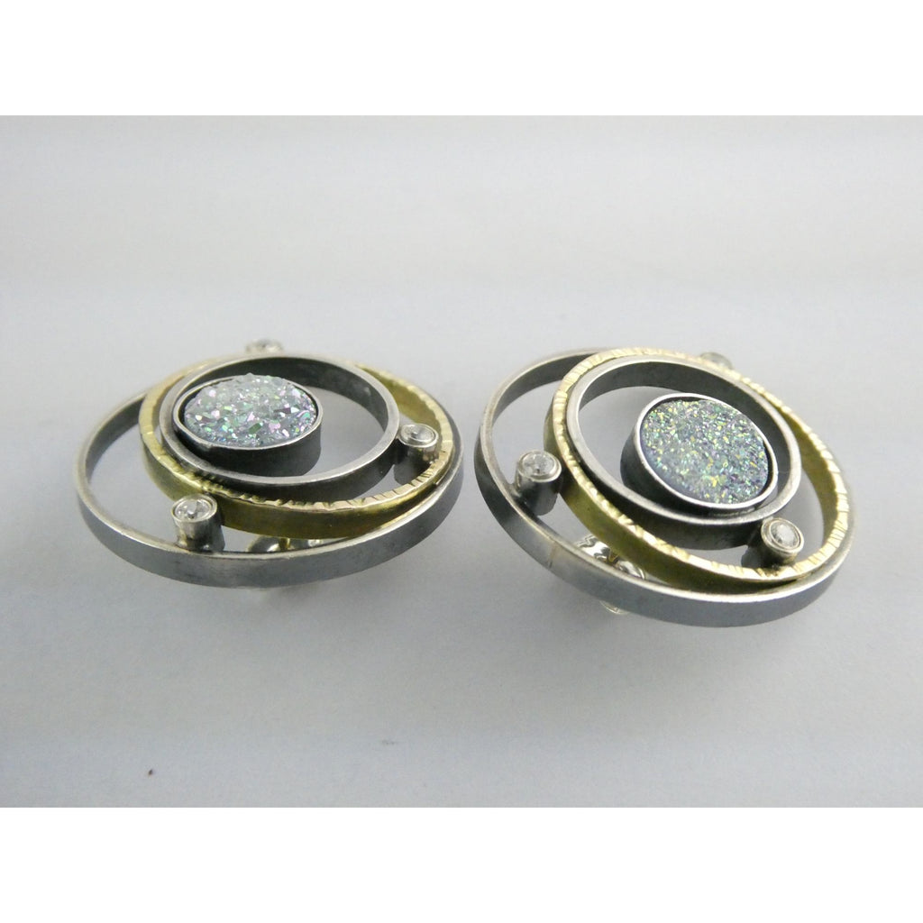 SF Artisan Sterling Silver and 14k Gold Druzy Planetary Theme Stud Earrings 24mm