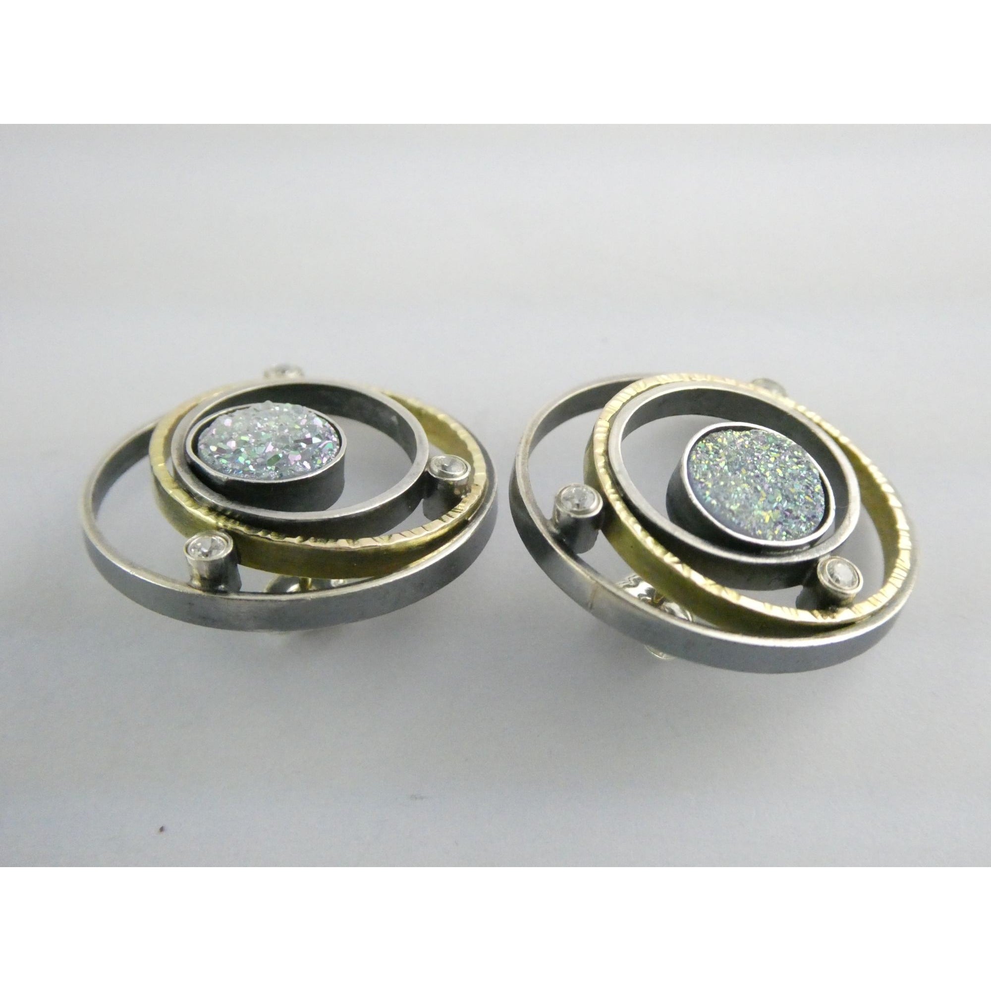 SF Artisan Sterling Silver and 14k Gold Druzy Planetary Theme Stud Earrings 24mm