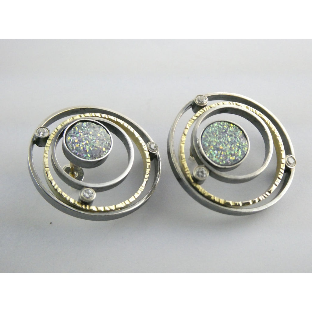 SF Artisan Sterling Silver and 14k Gold Druzy Planetary Theme Stud Earrings 24mm