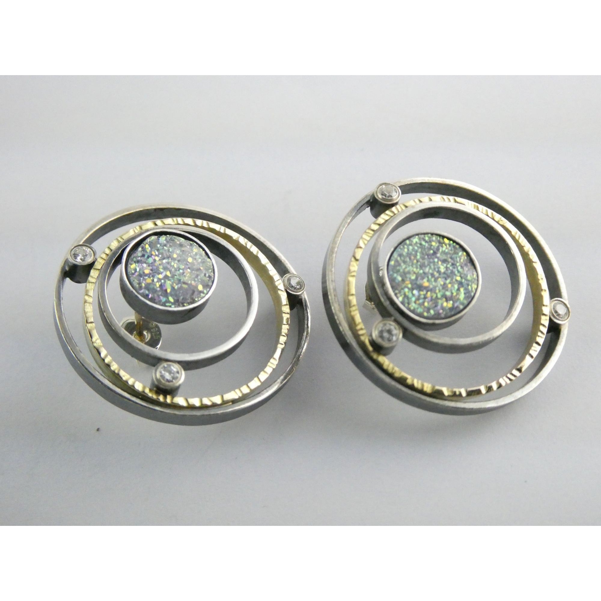 SF Artisan Sterling Silver and 14k Gold Druzy Planetary Theme Stud Earrings 24mm