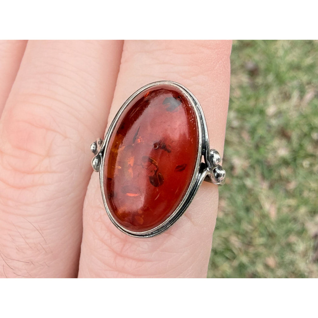 Vintage Polish Sterling Silver Amber Cabochon Ring 925 Size 7.5 Weighs 4.2g 20mm