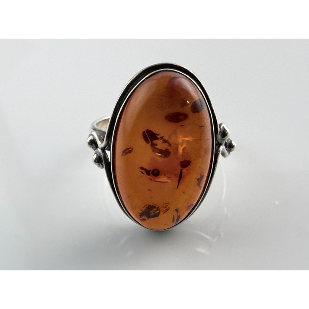 Vintage Polish Sterling Silver Amber Cabochon Ring 925 Size 7.5 Weighs 4.2g 20mm
