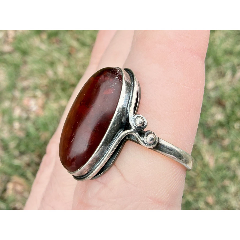 Vintage Polish Sterling Silver Amber Cabochon Ring 925 Size 7.5 Weighs 4.2g 20mm