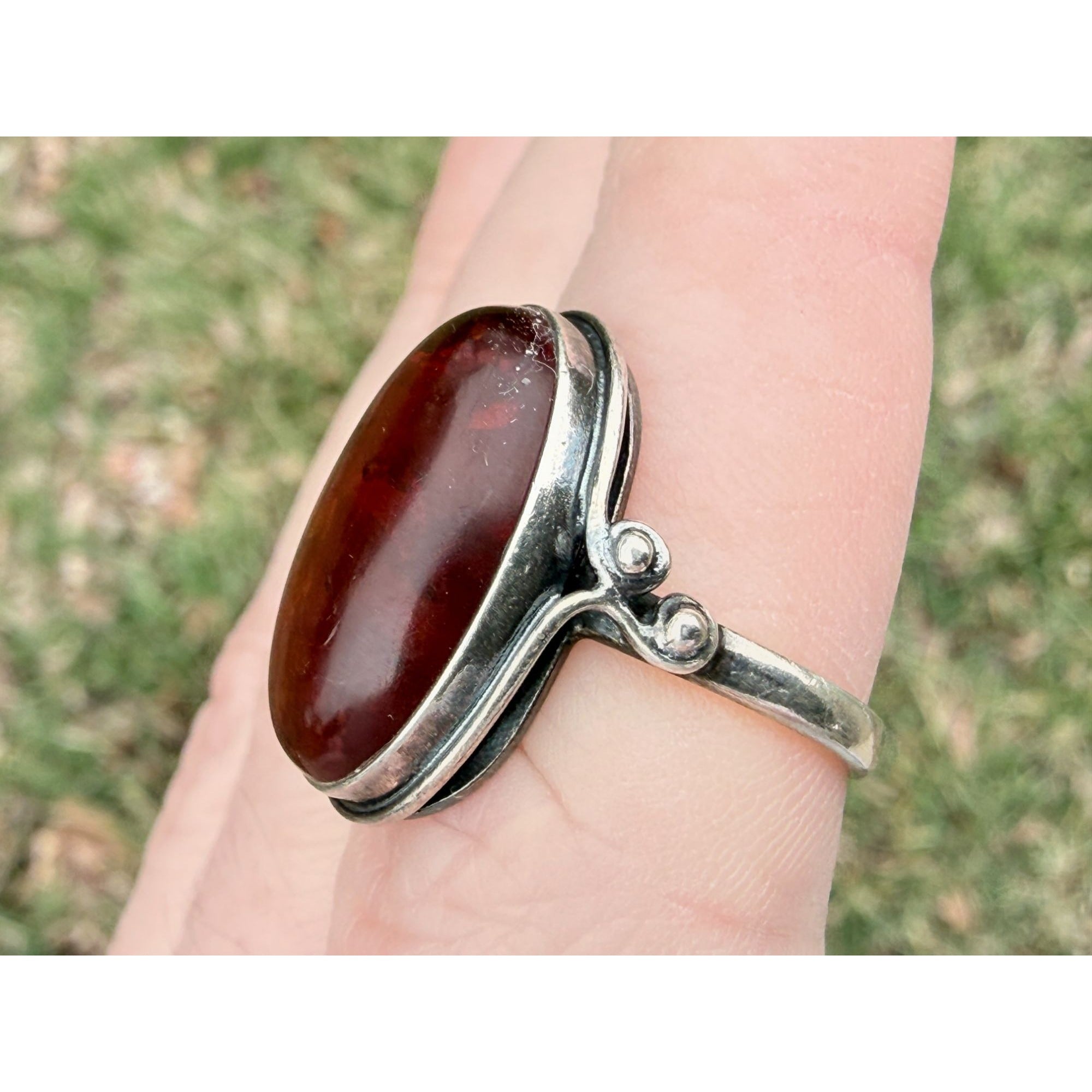 Vintage Polish Sterling Silver Amber Cabochon Ring 925 Size 7.5 Weighs 4.2g 20mm