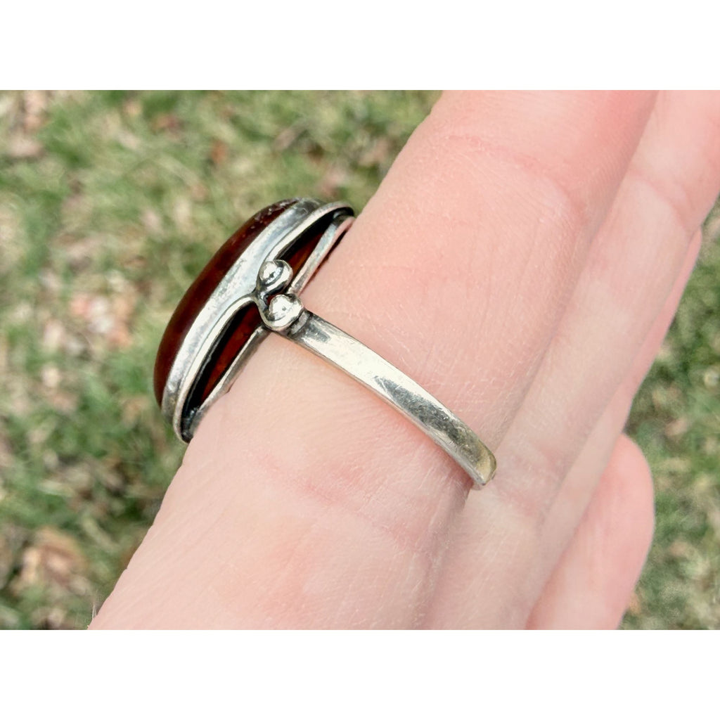 Vintage Polish Sterling Silver Amber Cabochon Ring 925 Size 7.5 Weighs 4.2g 20mm