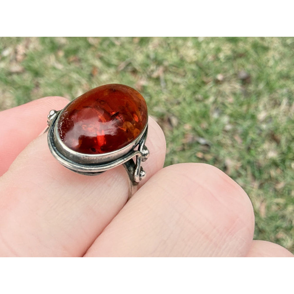 Vintage Polish Sterling Silver Amber Cabochon Ring 925 Size 7.5 Weighs 4.2g 20mm