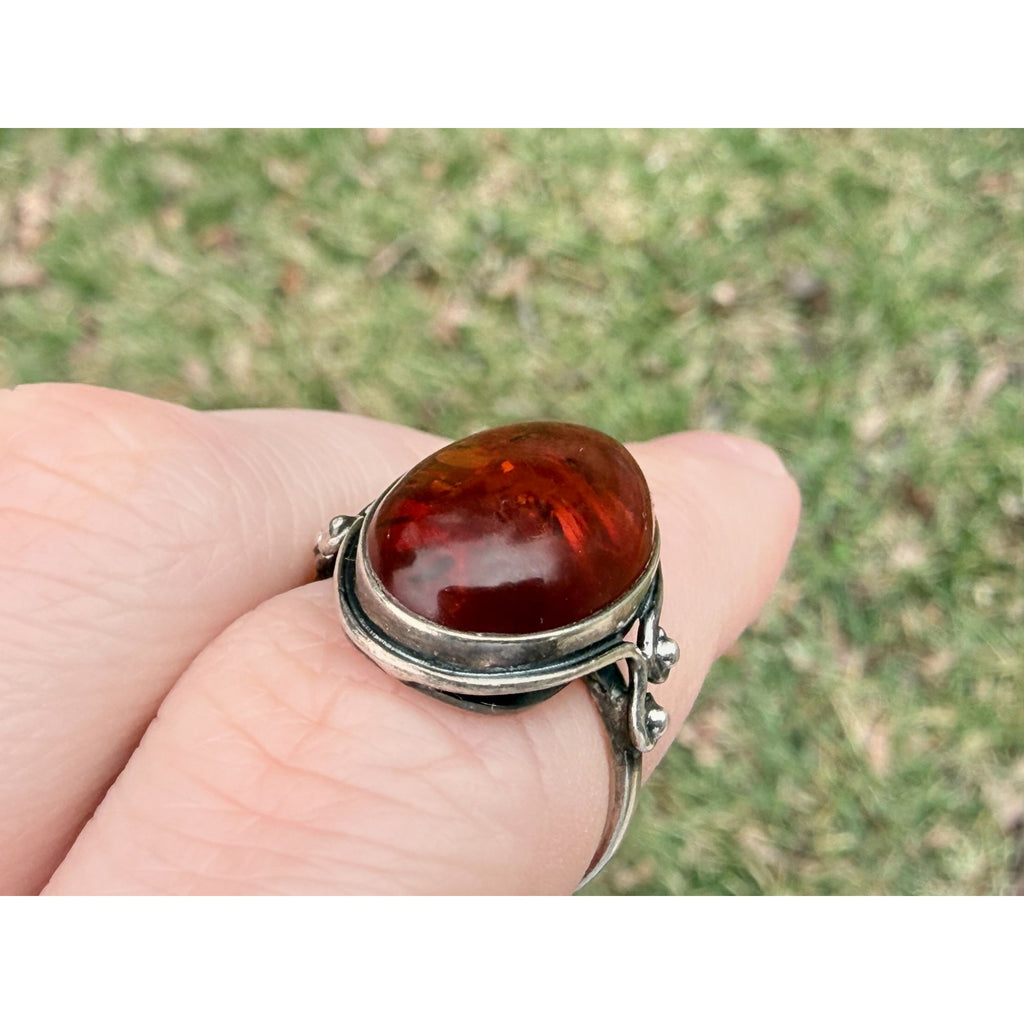 Vintage Polish Sterling Silver Amber Cabochon Ring 925 Size 7.5 Weighs 4.2g 20mm