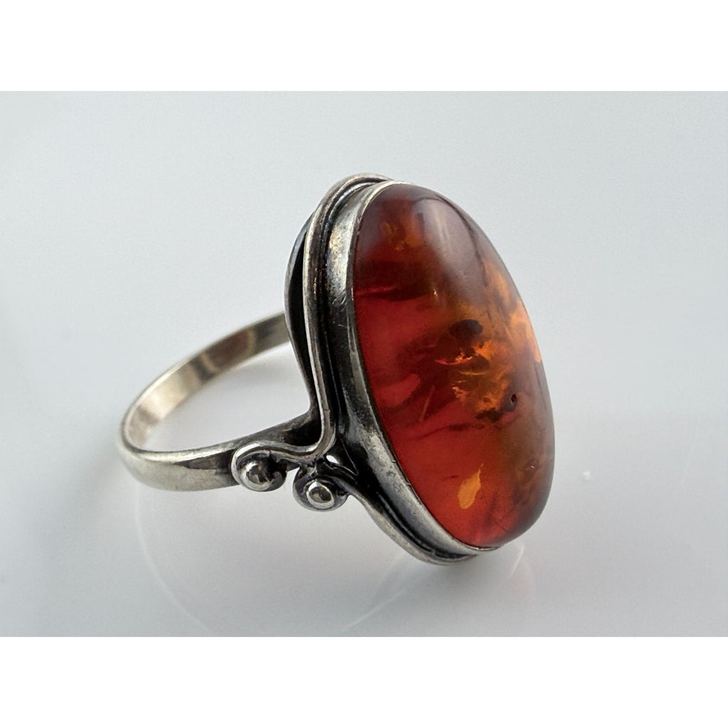 Vintage Polish Sterling Silver Amber Cabochon Ring 925 Size 7.5 Weighs 4.2g 20mm