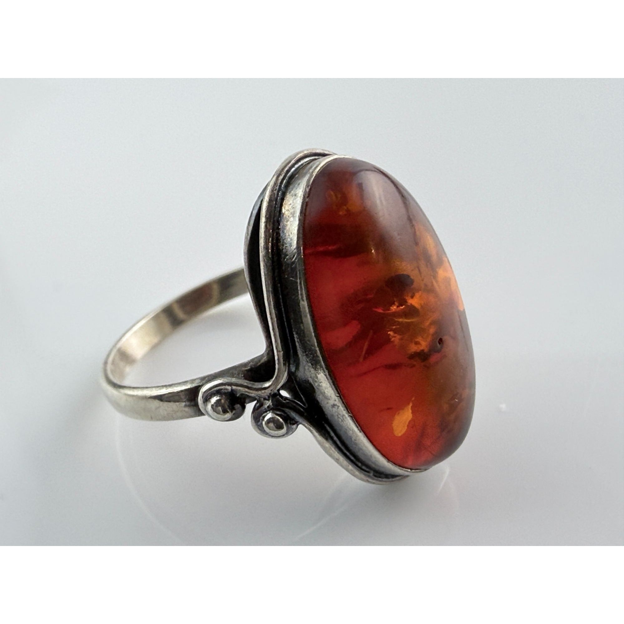 Vintage Polish Sterling Silver Amber Cabochon Ring 925 Size 7.5 Weighs 4.2g 20mm