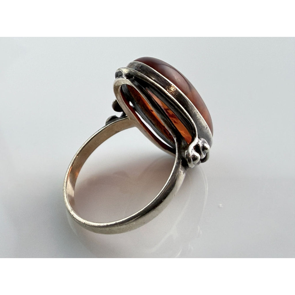 Vintage Polish Sterling Silver Amber Cabochon Ring 925 Size 7.5 Weighs 4.2g 20mm